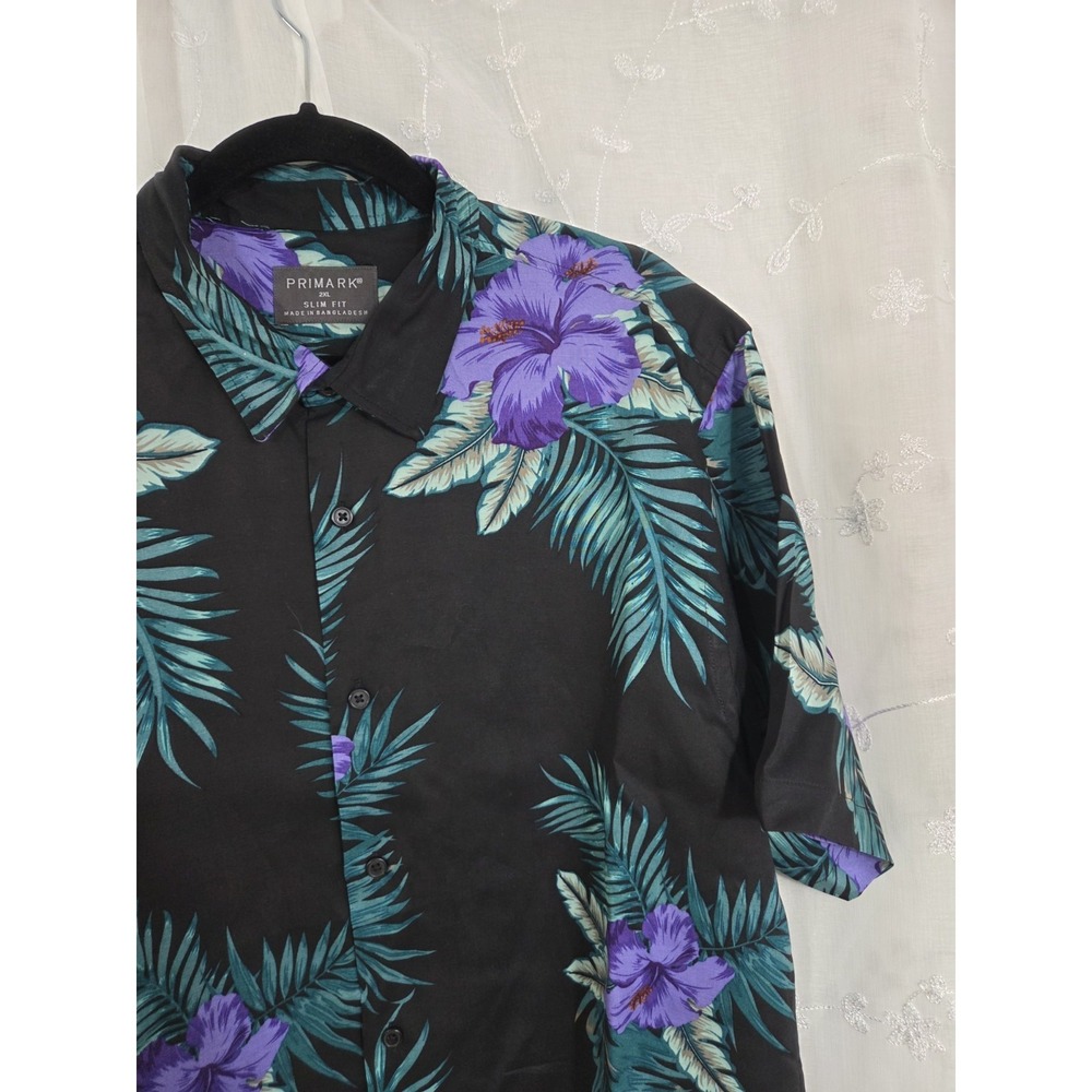 Primark Slim Fit Black Hawaiian Button Short Sleeve Shirt 2XL Purple Hibiscus - Picture 7 of 10